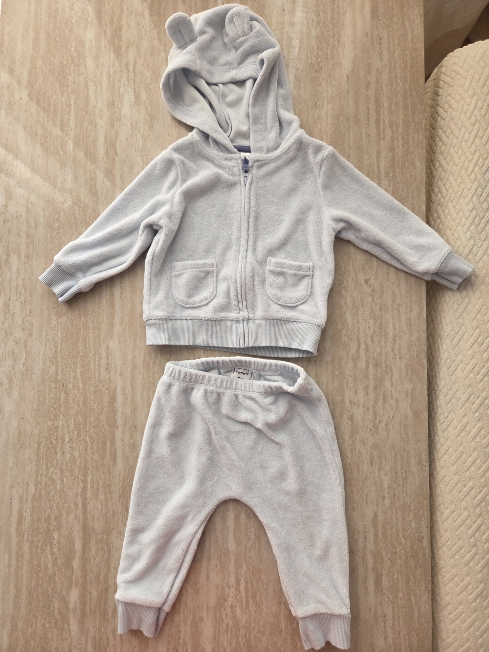 Soft Hooded Baby Pants Set with Bear Ears - Light Blue
